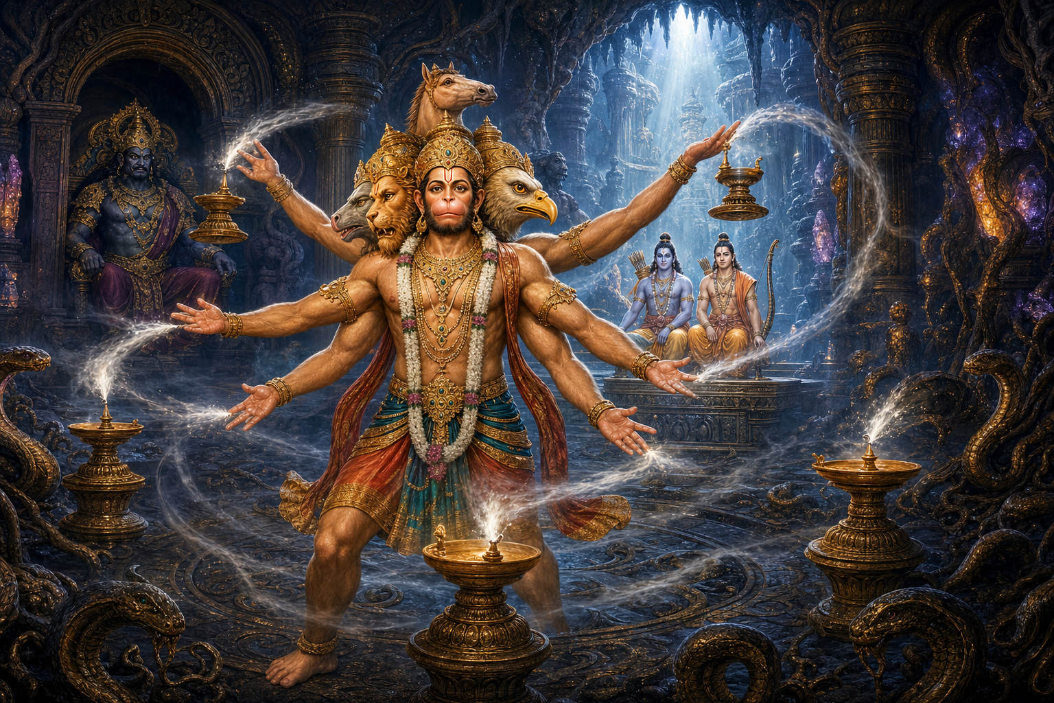 Five-faced Hanuman reaches toward five oil lamps in a subterranean palace while Rama and Lakshmana await rescue near an altar.
