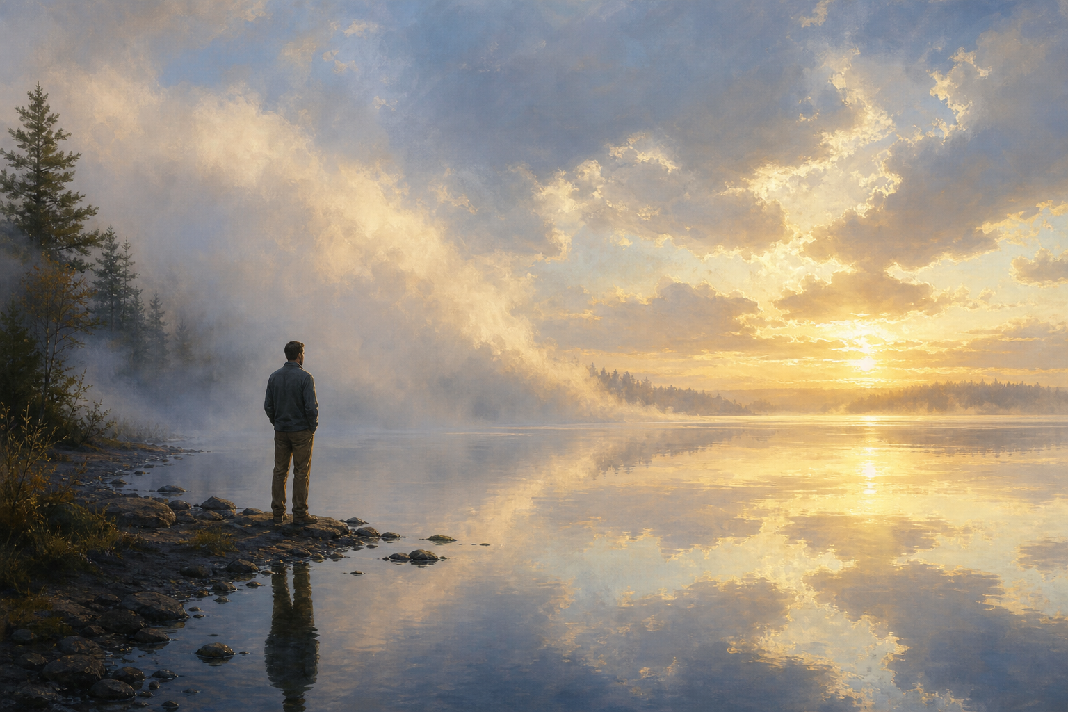 A person stands on a lakeshore as mist opens to a bright horizon, with sky and figure reflected in calm water.