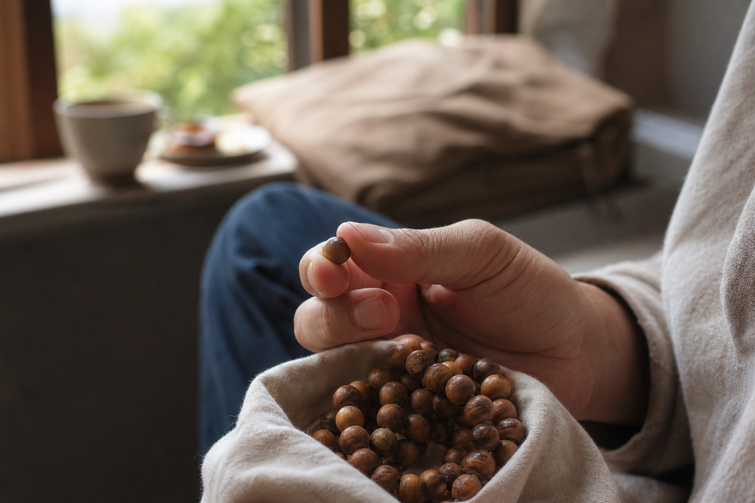 A practitioner's hand pauses on one wooden japa bead beside an open window during a quiet morning at home.