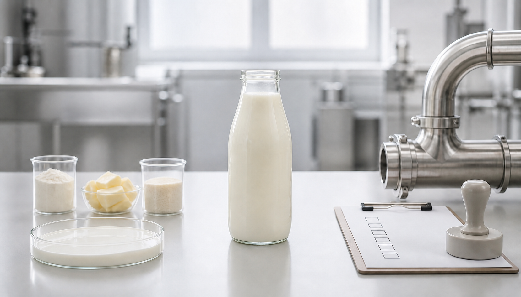 A milk bottle sits between ingredient-testing items on one side and dairy-process inspection items on the other.