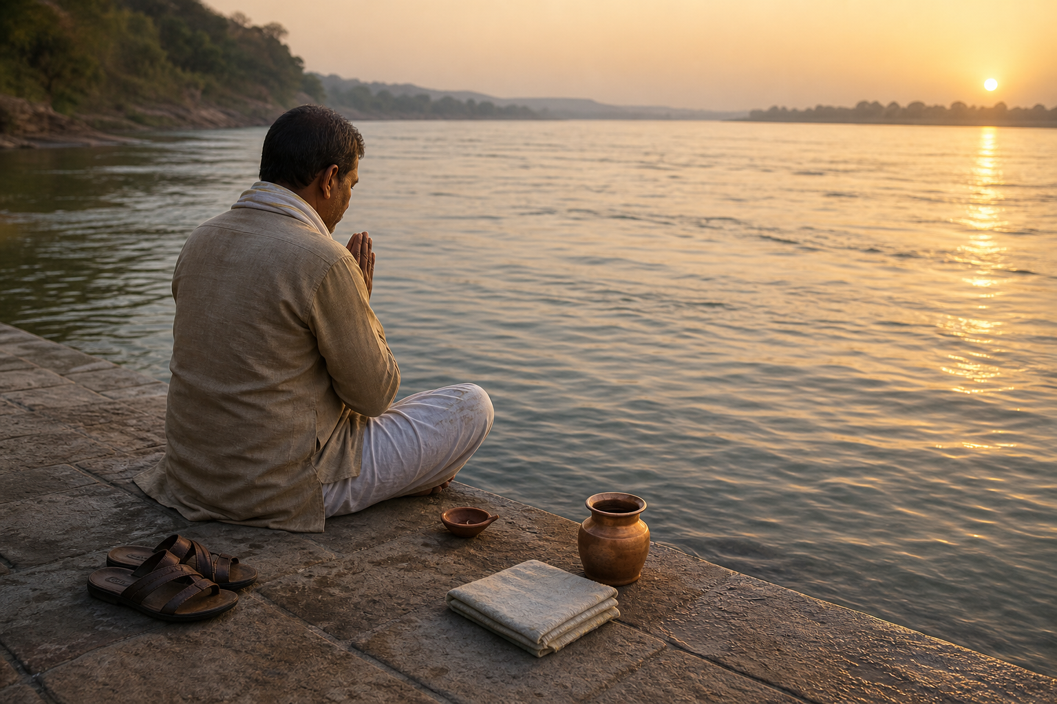 A pilgrim sits with joined hands beside the Narmada at dawn, with a clay lamp, copper vessel, folded cloth, and sandals nearby.