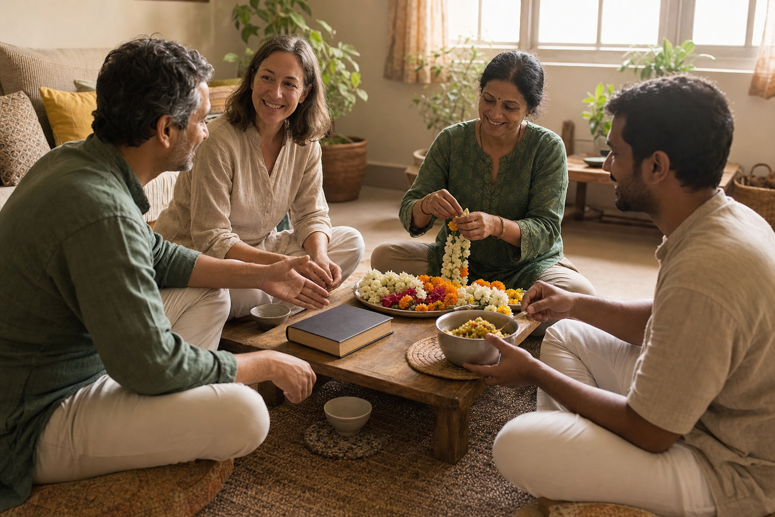 Four people gather on floor cushions with an unmarked book while making a flower garland and serving food into bowls.
