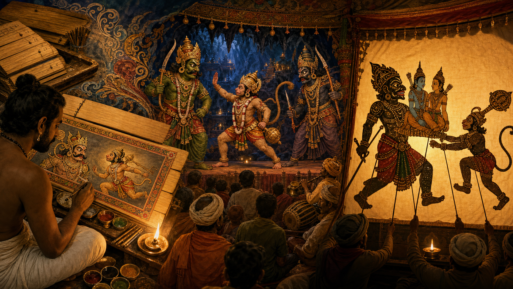 A connected panorama shows the Patala rescue episode represented in a painted manuscript, village theater, and shadow-puppet performance.