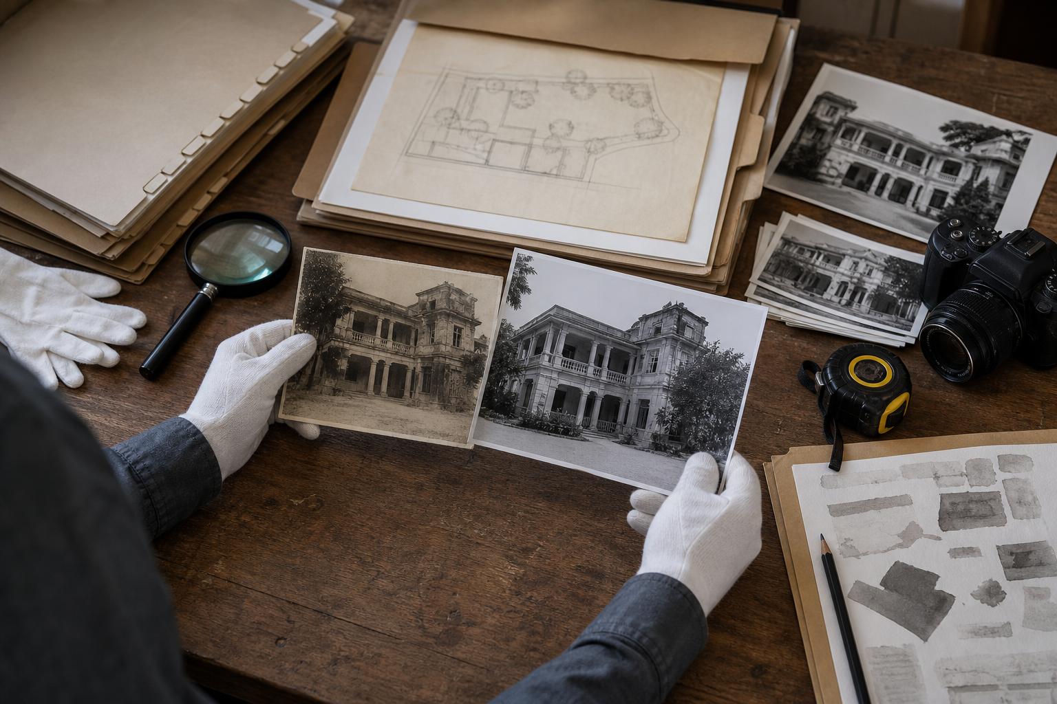 A researcher compares old and recent building photographs beside maps, folders, gloves and survey tools on a wooden table.