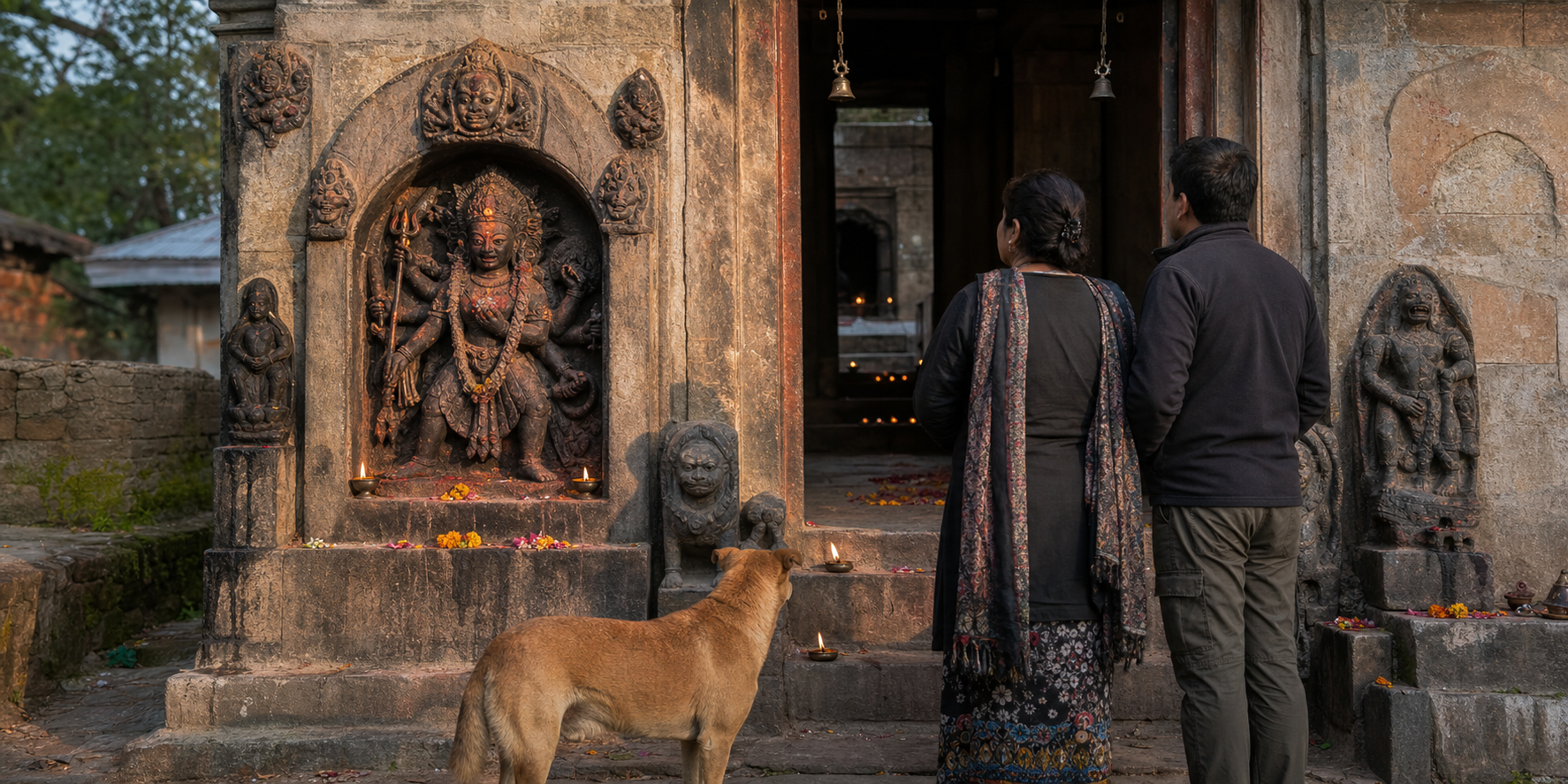 Visitors examine a fierce Bhairava image set in a guardian niche beside a temple entrance, with lamps, offerings, subsidiary figures, and a dog providing ritual context.