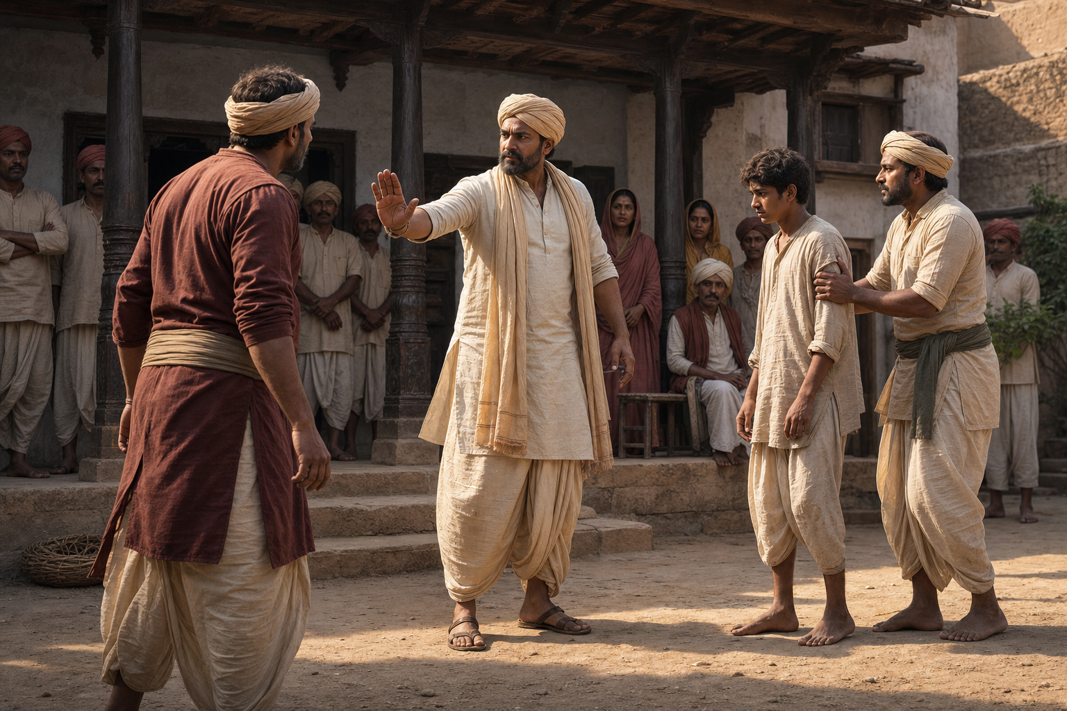 A village leader intervenes between an aggressive overseer and a frightened young worker as an attendant offers support.