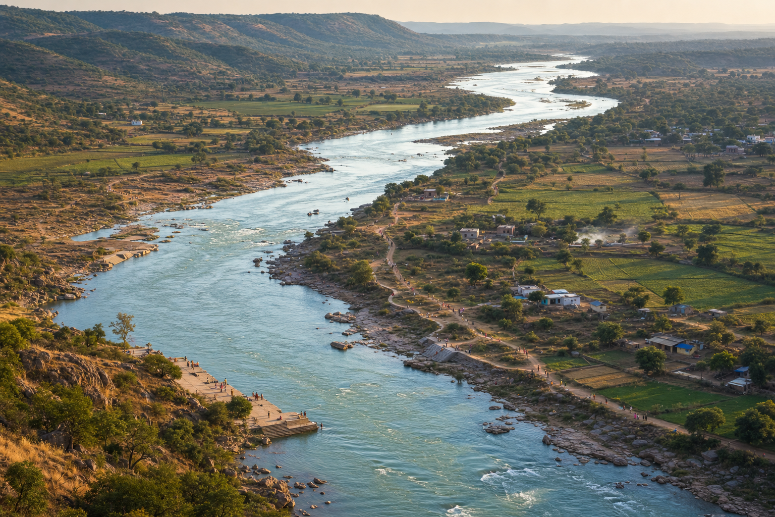 The Narmada winds through wooded hills, fields, ghats, and settlements while small groups of pilgrims follow paths beside its banks.