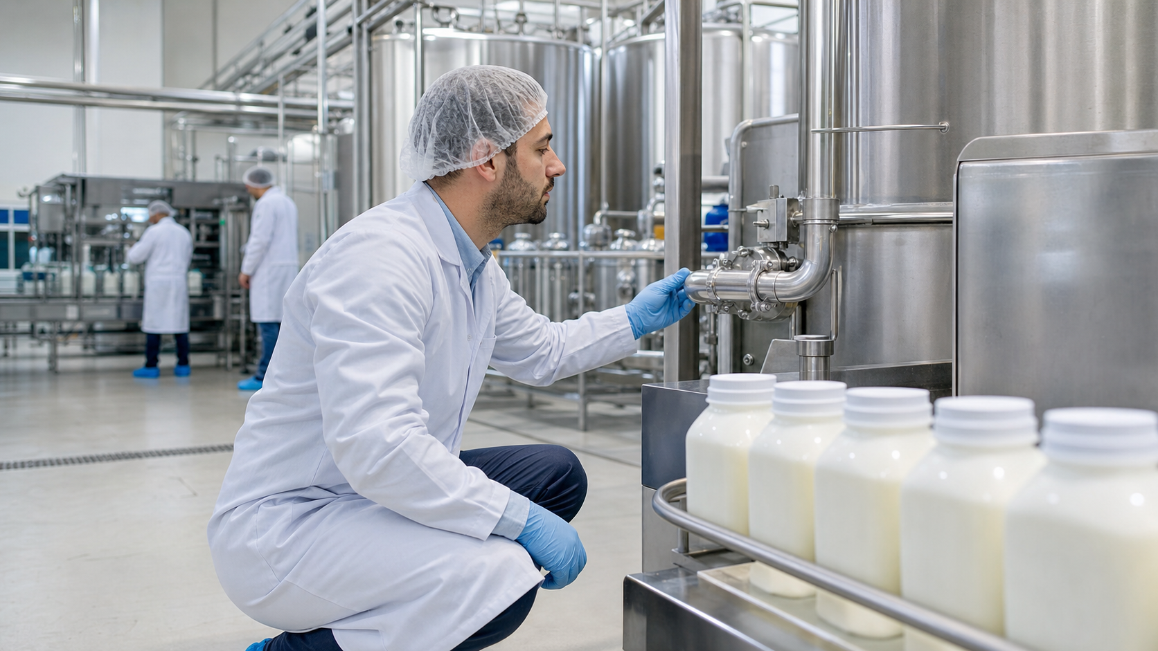 A food-safety inspector examines stainless-steel equipment and sealed ingredients in a clean dairy processing facility.