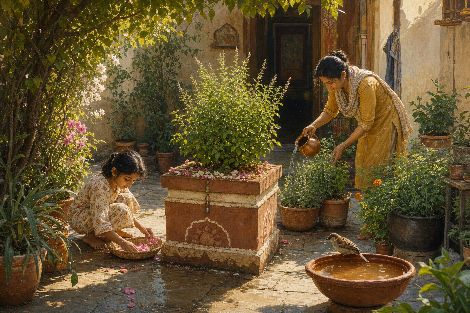 An adult and child tend a courtyard garden centered on a tulasi plant, with flowers, a bird, and a clay water bowl nearby.