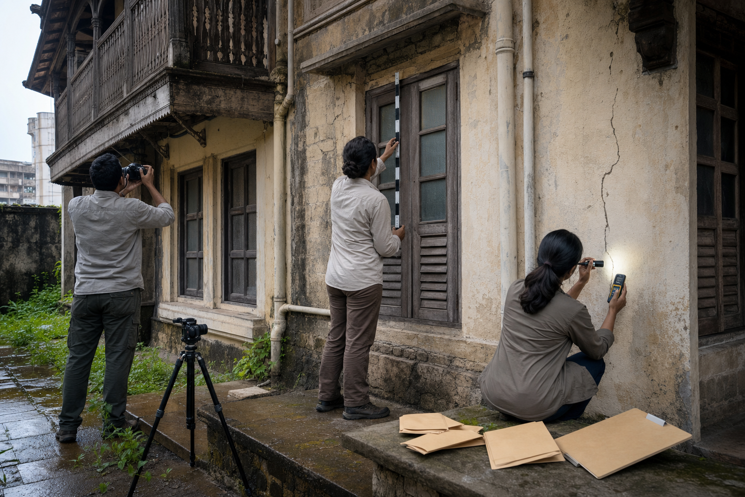 A conservation team photographs, measures and examines the weathered plaster, masonry and timber details of a historic house.