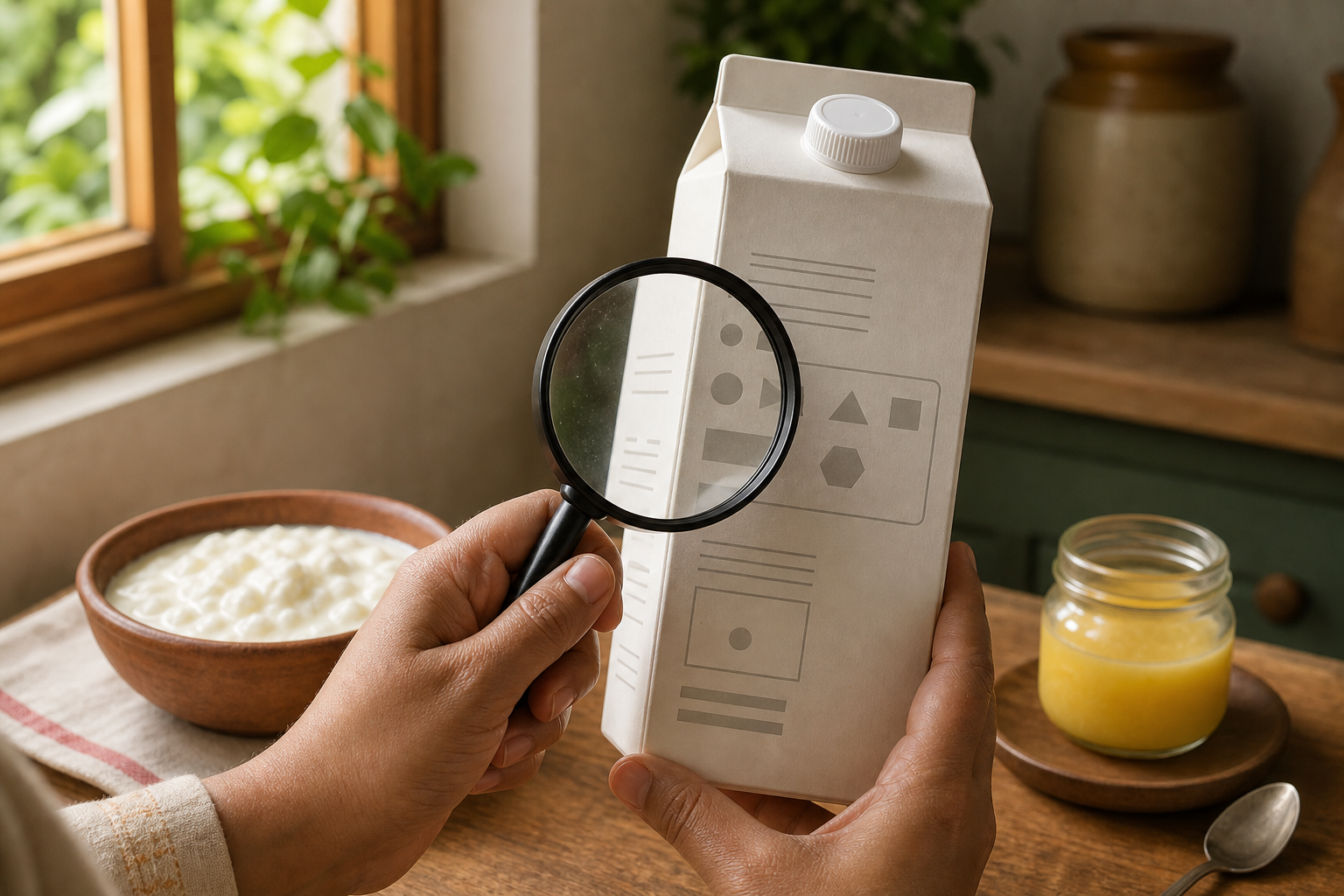A shopper uses a magnifying glass to examine abstract marks on an unbranded dairy carton in a kitchen.