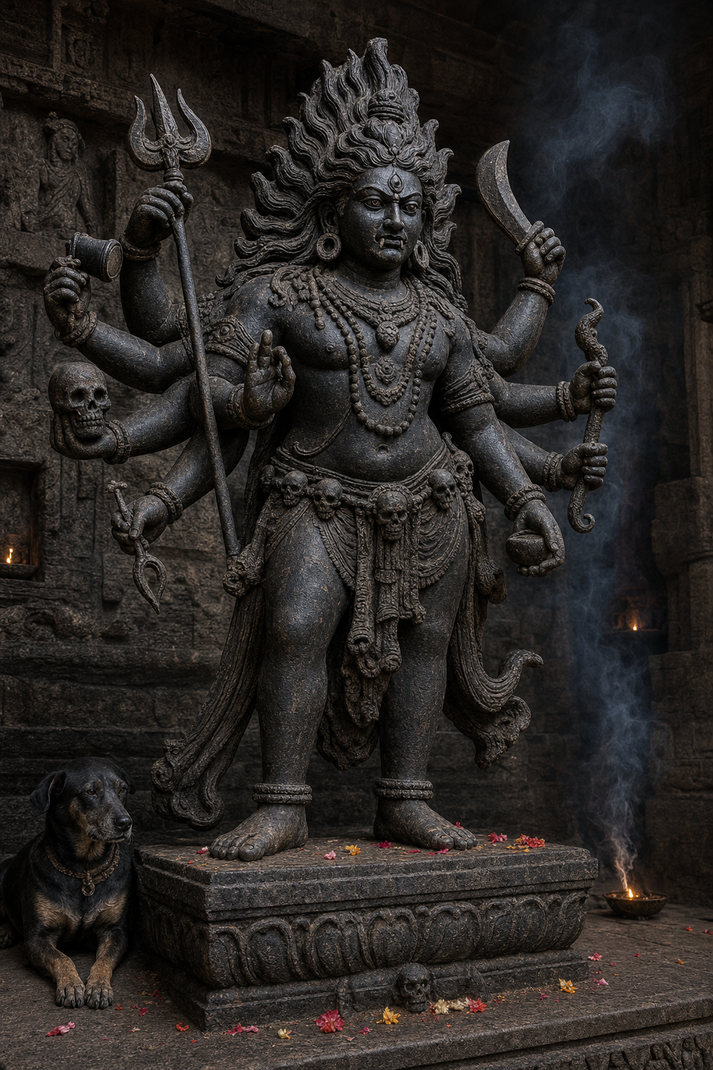 Three-quarter view of a full-length Bhairava sculpture showing three eyes, fangs, rising matted hair, a balanced multi-armed posture, shrine setting, and a small dog near the feet.