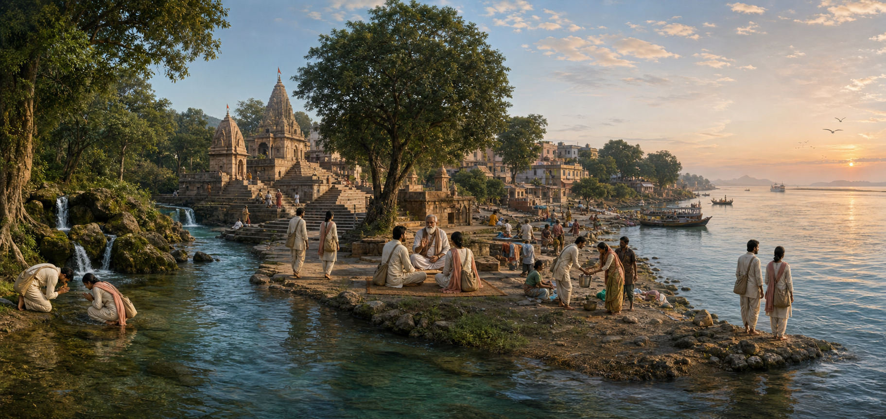 A continuous riverside panorama shows pilgrims praying, walking, listening, serving, and contemplating across five different Narmada settings.
