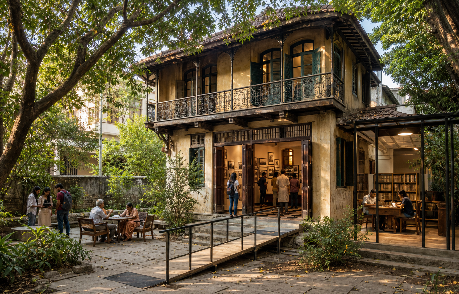 Visitors gather at a restored historic Mumbai residence with an accessible entrance, reading room and shaded courtyard.