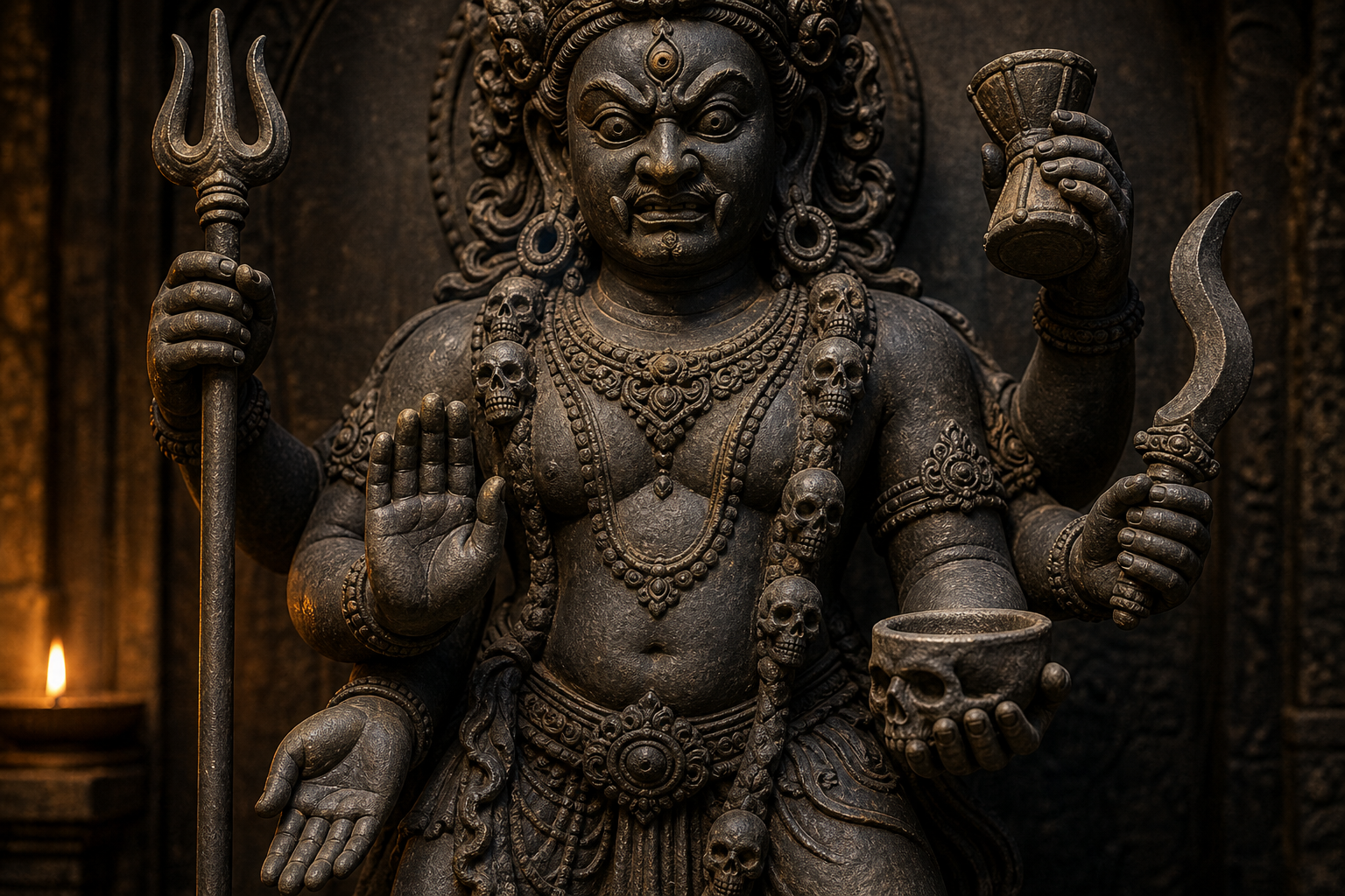 Close view of a multi-armed Bhairava figure holding a trident, drum, blade, and skull-bowl while two empty hands form protective and granting gestures.
