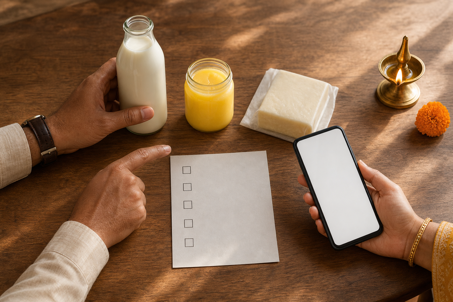 Two adults compare unbranded dairy products beside a blank smartphone, a five-box checklist, a brass lamp, and a marigold flower.