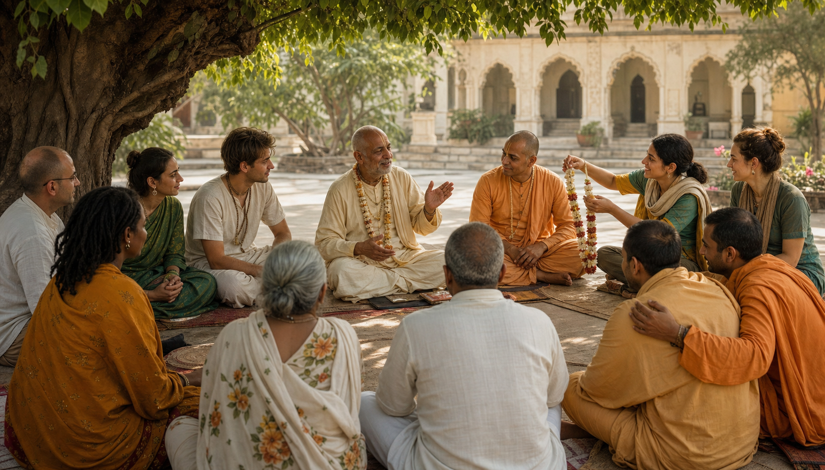 An intergenerational group of devotees listens to a teacher and supports one another in a shaded temple courtyard.