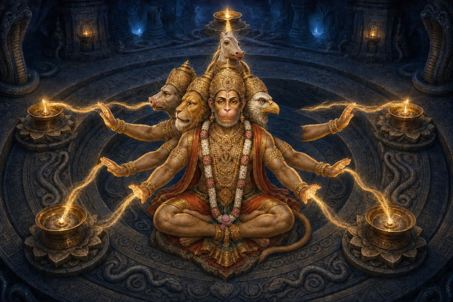 Five-faced Hanuman stands at the center of a circular underground shrine, with each face directed toward one of five surrounding oil lamps.