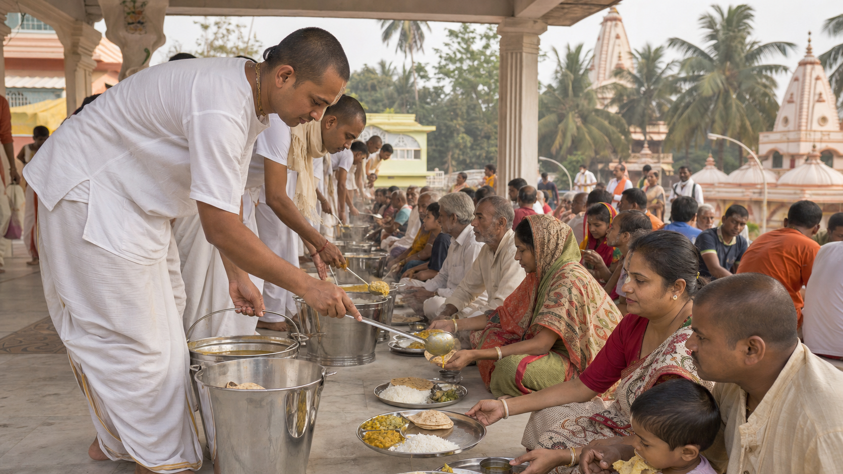 Temple volunteers serve rice, dal, vegetables, and flatbread on metal plates to families and pilgrims in a shaded Mayapur pavilion.