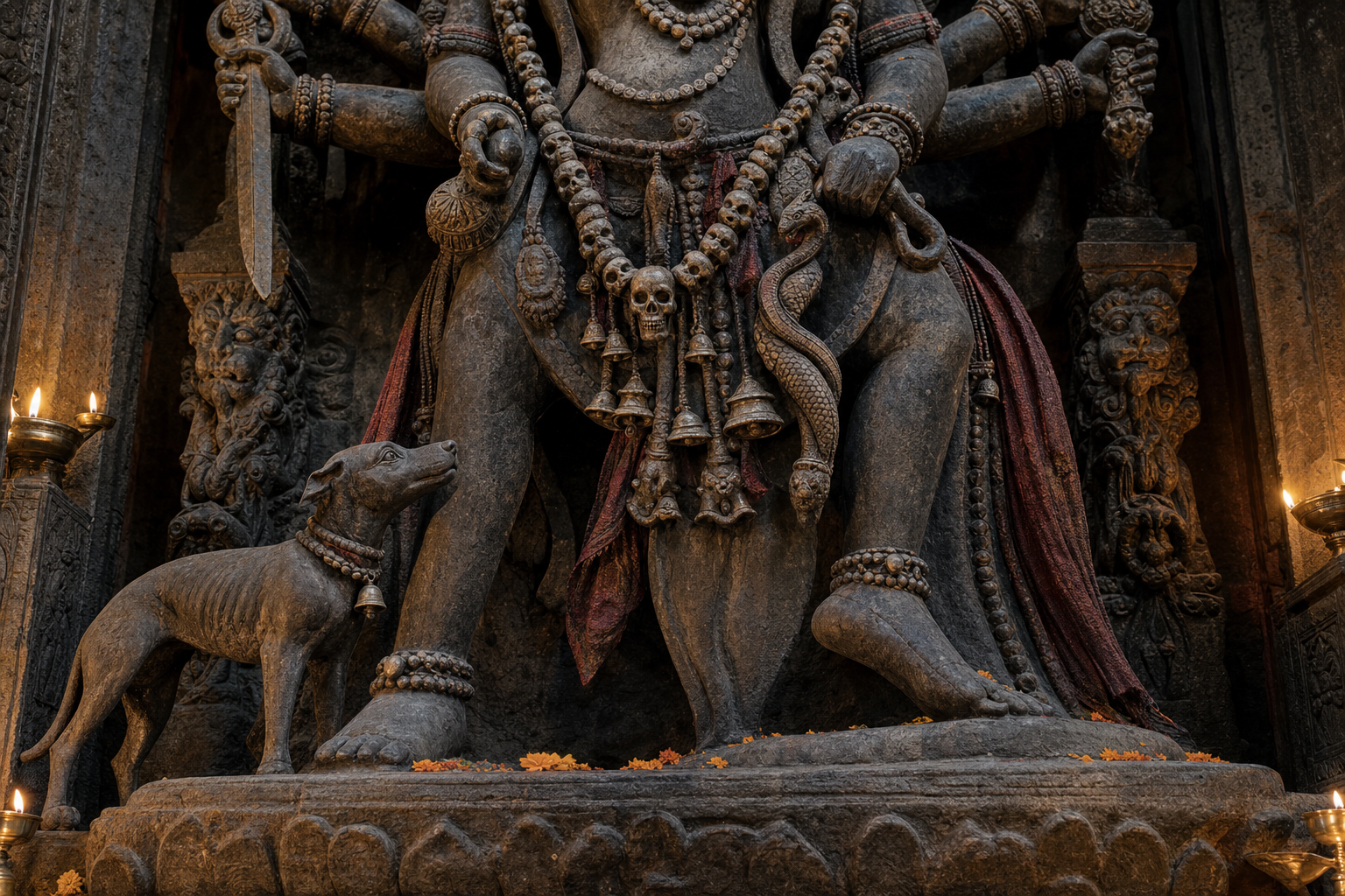 Lower portion of a Bhairava sculpture with bead and skull ornaments, bells, a serpent ornament, and a lean dog standing beside the deity's foot.