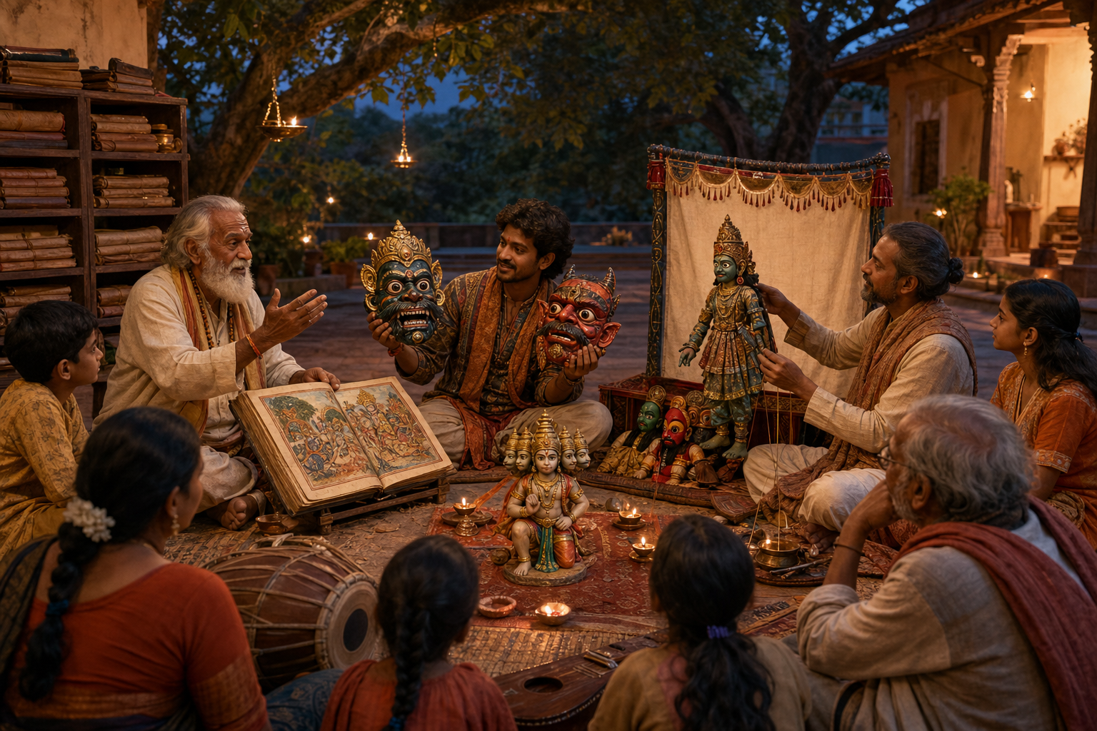 Storytellers, performers, and listeners compare manuscript, mask, and puppet versions of the Patala rescue in a lamplit courtyard.