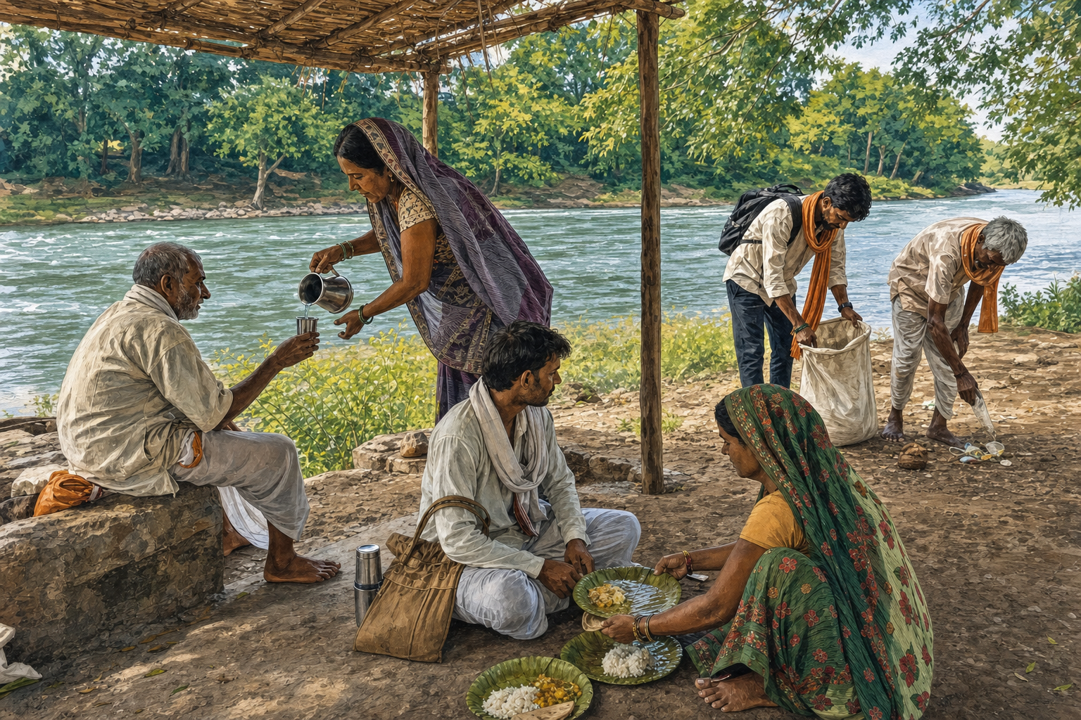 Pilgrims and villagers share water and a simple meal while others collect litter at a shaded rest place beside the Narmada.