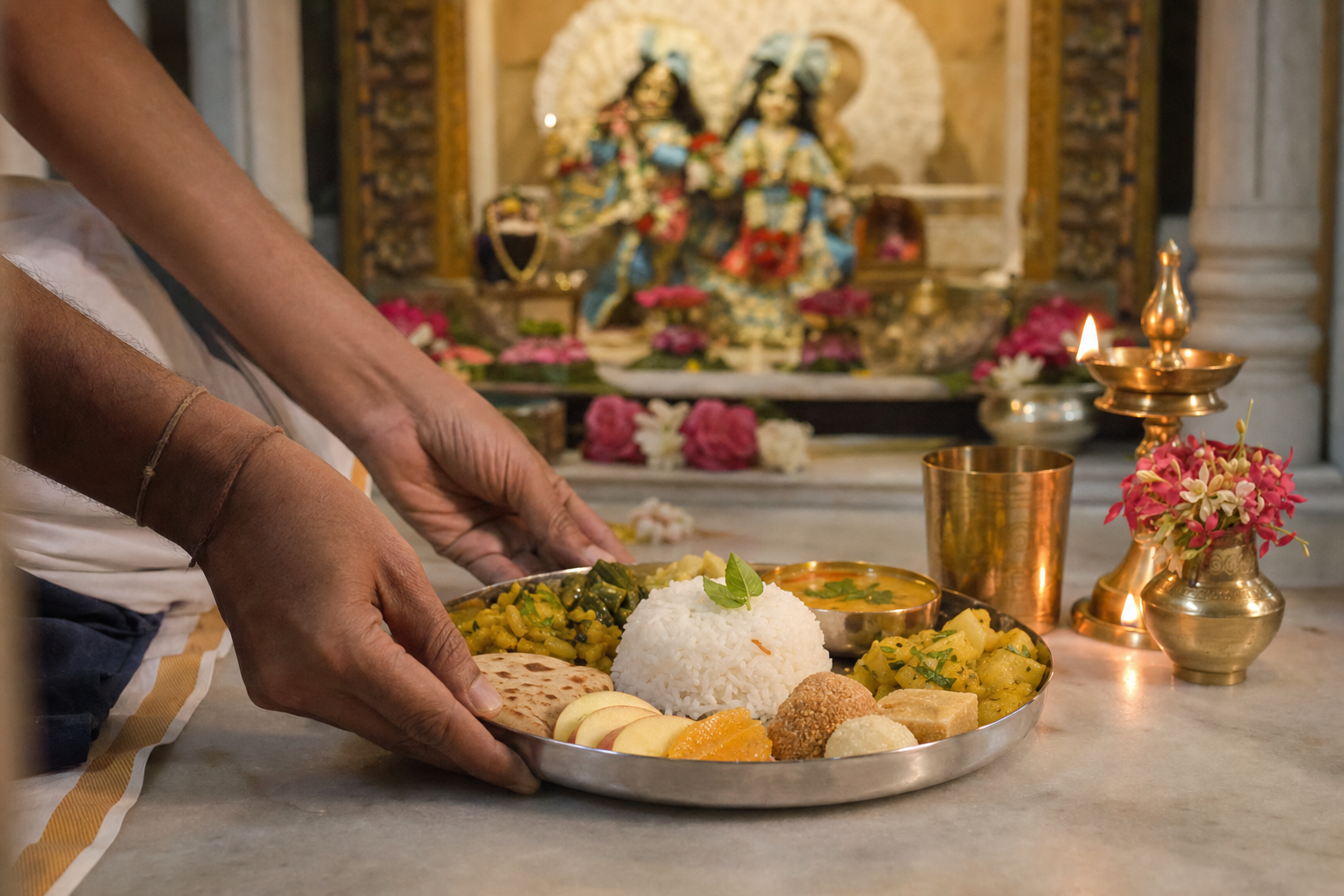 A devotee places a vegetarian meal with rice, dal, vegetables, fruit, sweets, and tulasi leaves before a softly lit temple altar.