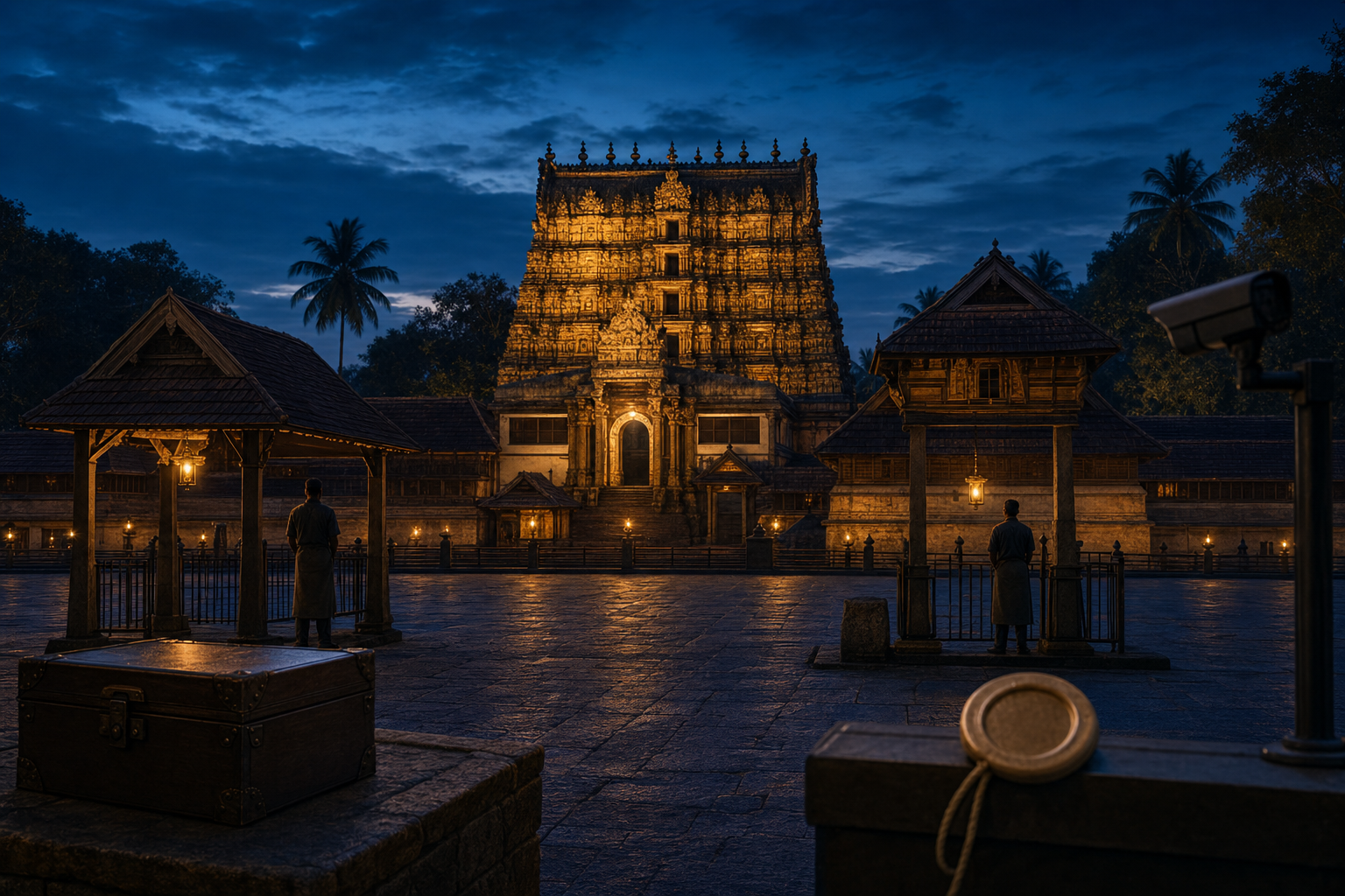 A historic Kerala temple gateway at dusk with an archival case, security camera, and custodians at separate checkpoints in the courtyard.