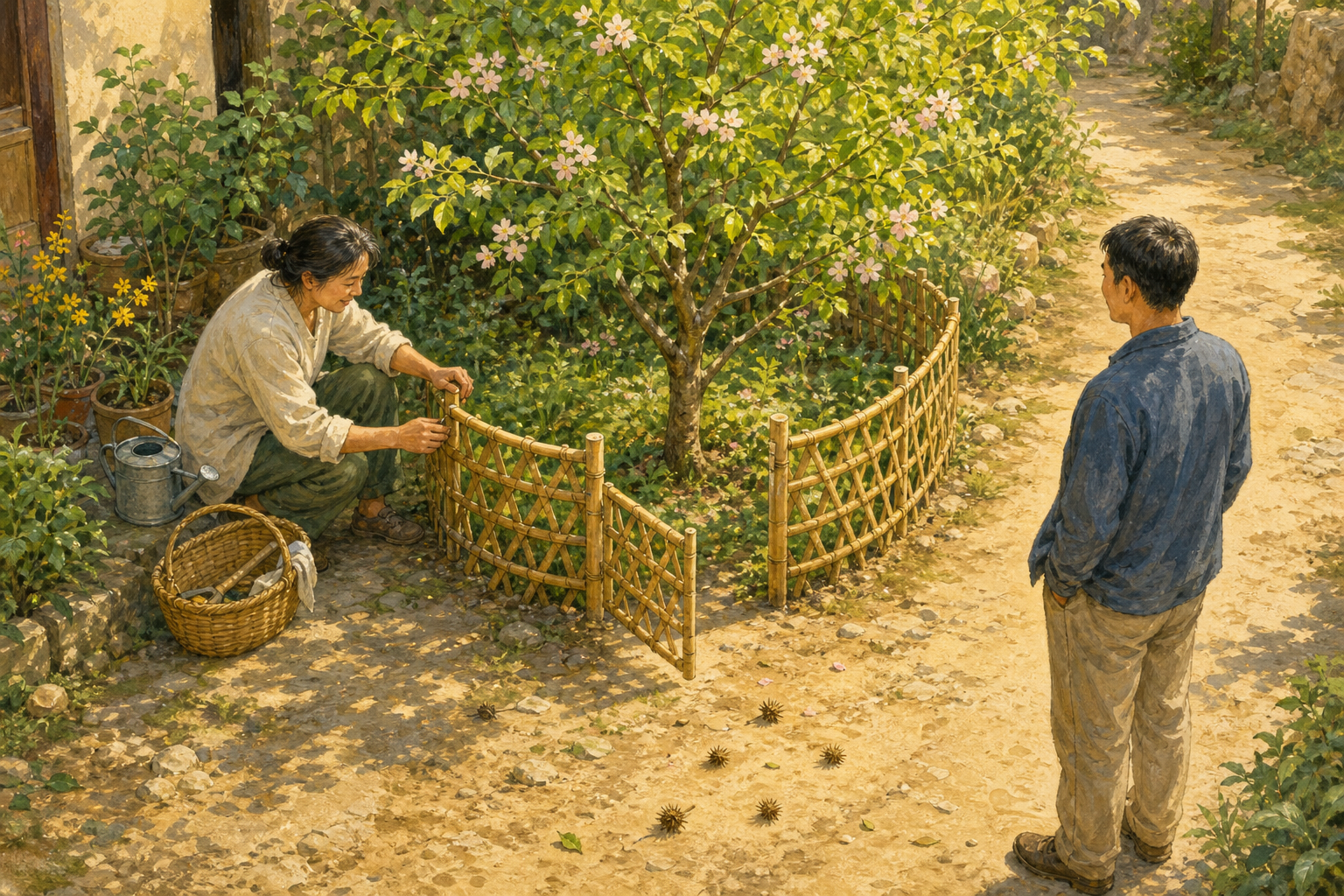 An adult builds a low bamboo lattice with an open gate around a young flowering tree while another person waits at a respectful distance.