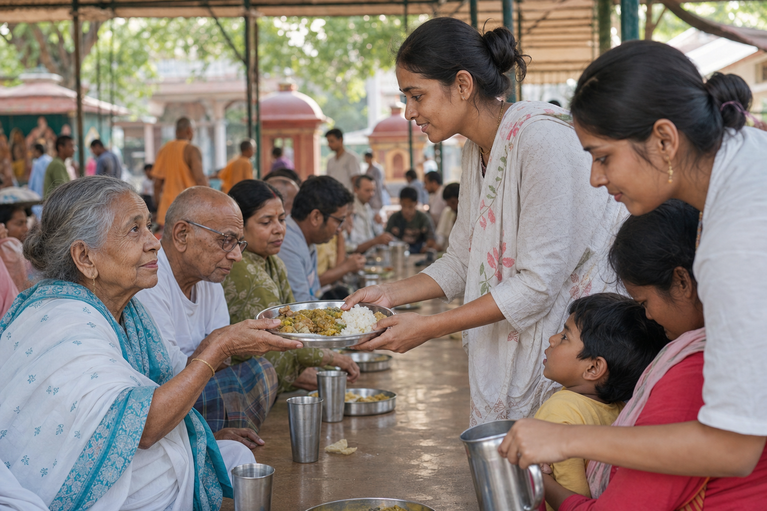 A volunteer respectfully hands a full metal plate to an older woman as families eat together at an open community meal.
