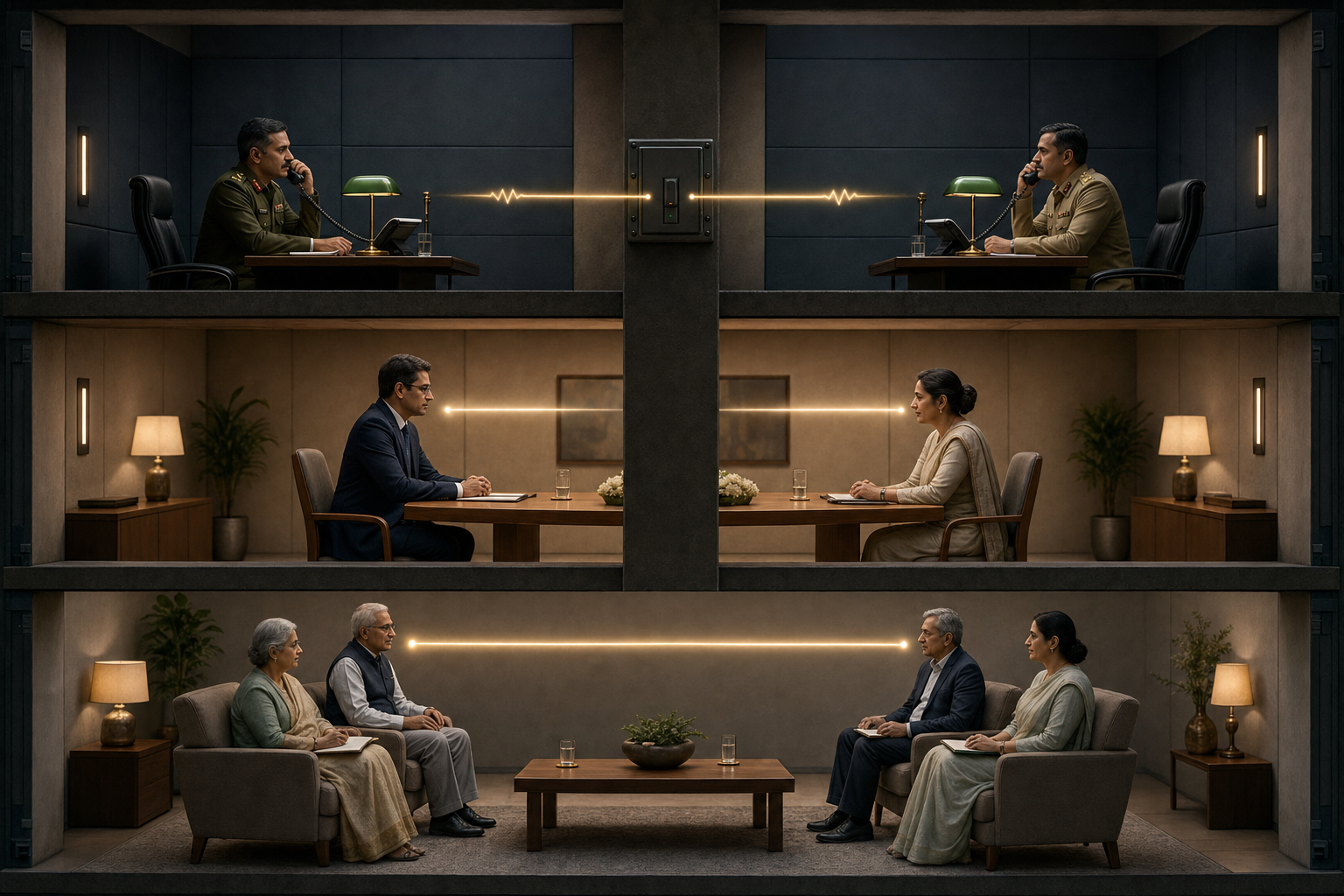 A cutaway illustration shows a military hotline, a diplomatic meeting, and a humanitarian consultation operating in separate rooms.