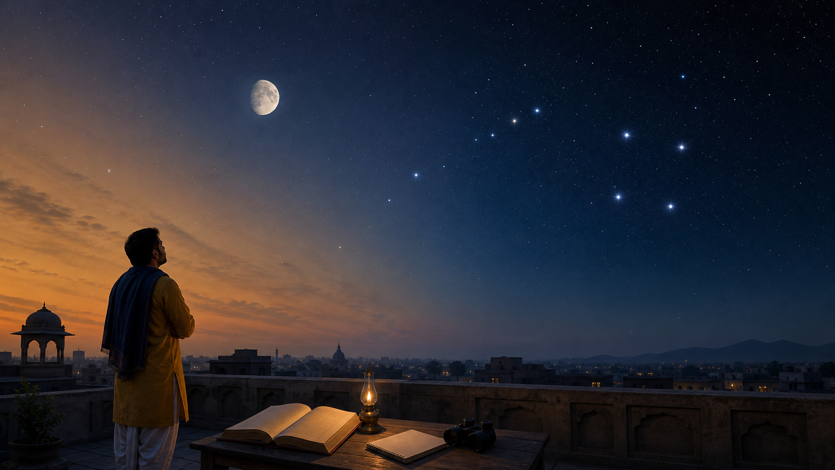 A sky observer on an Indian rooftop consults an almanac beneath the Moon and the bright stars of the Pegasus and Andromeda region.