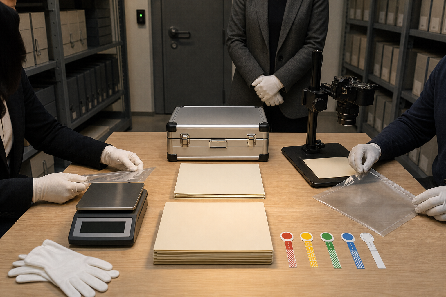 Auditors and a heritage custodian preserve records and sealed containers at a secure evidence table.