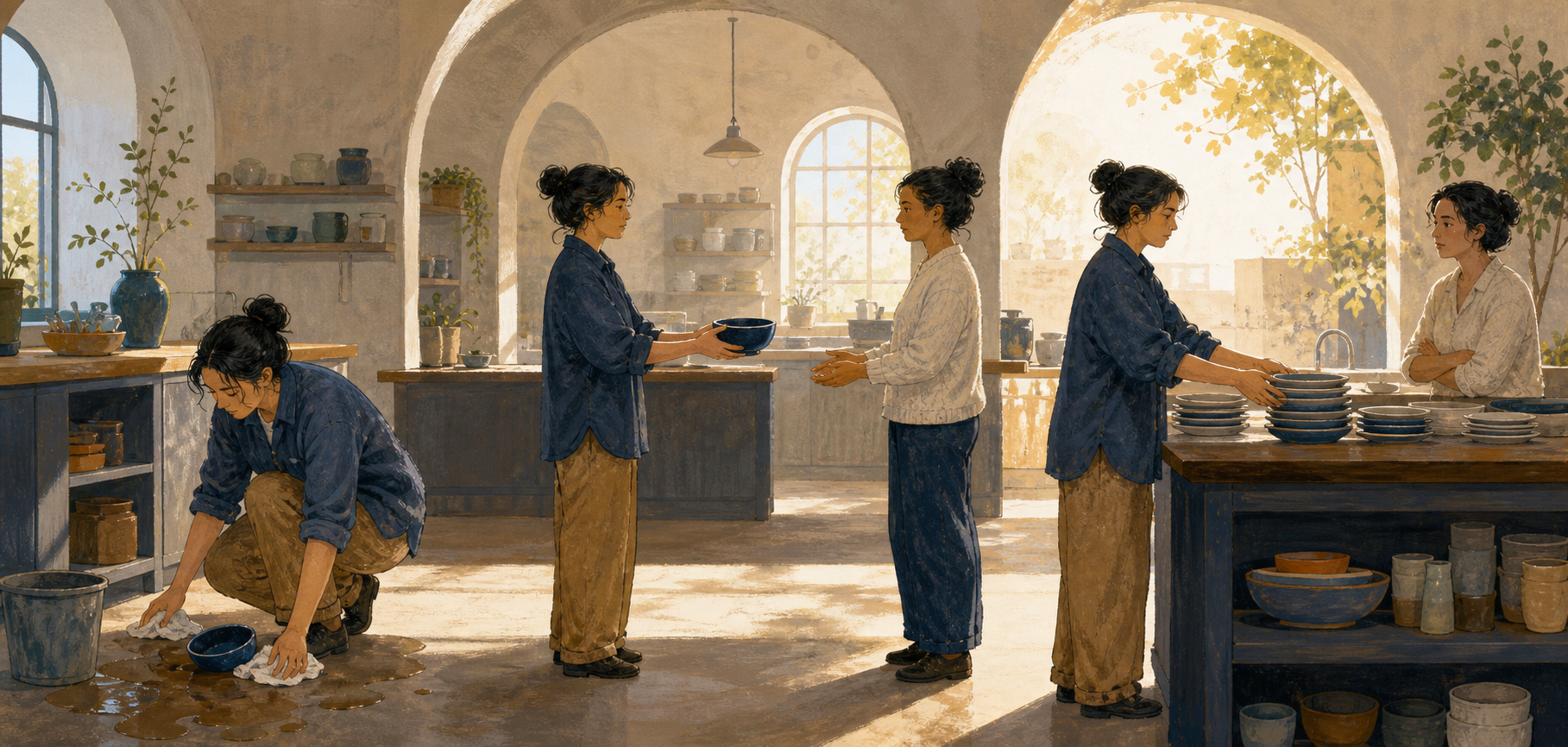 The same adult cleans a spill, returns a borrowed bowl, and helps with dishes as another person observes their consistent behavior.