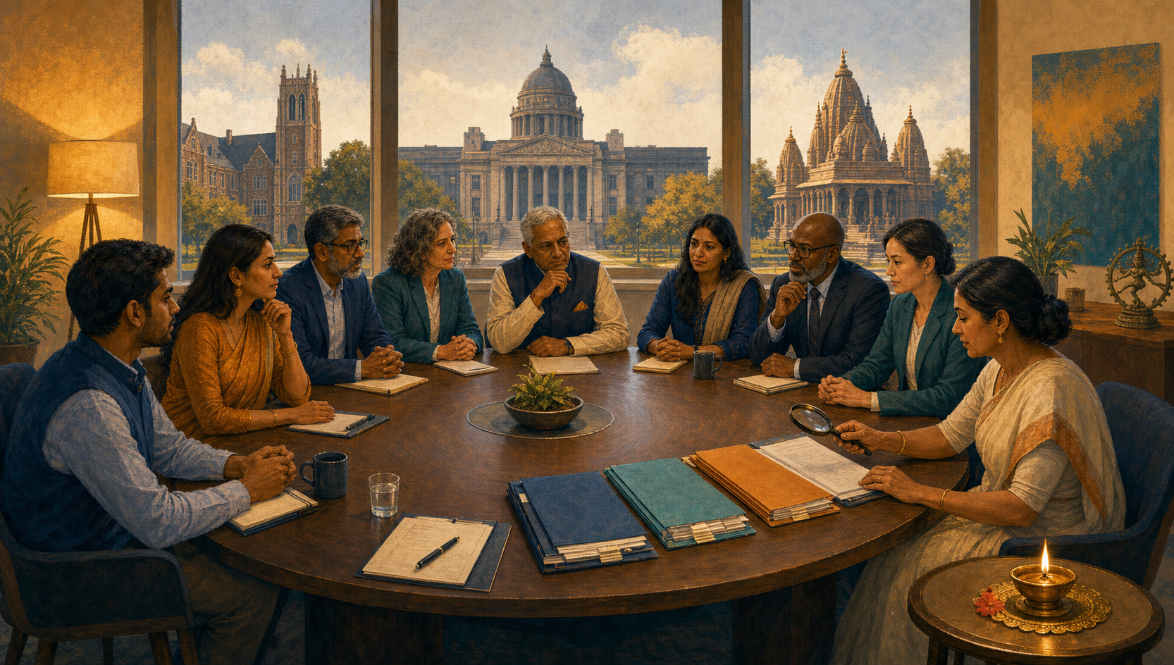 A diverse diaspora group holds a calm civic meeting around a table with organized evidence folders, while a diya sits separately on a side table.