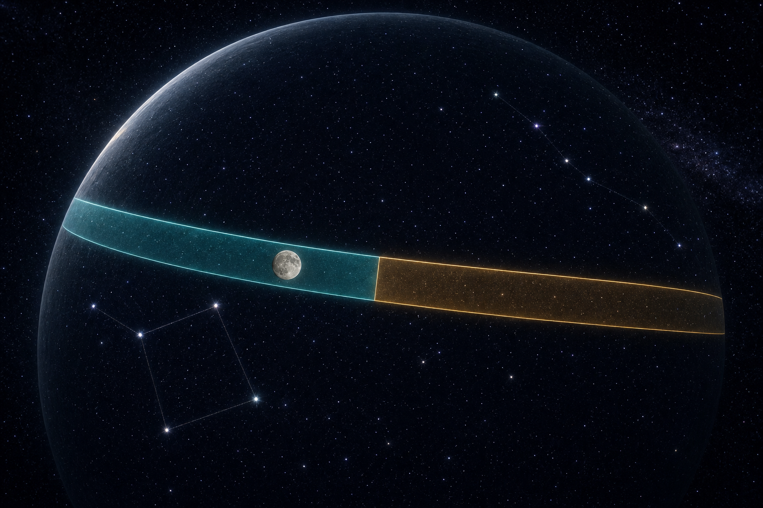 An unlabeled celestial sphere shows the Moon on an ecliptic ribbon divided into two adjacent sectors near the stars of Pegasus and Andromeda.