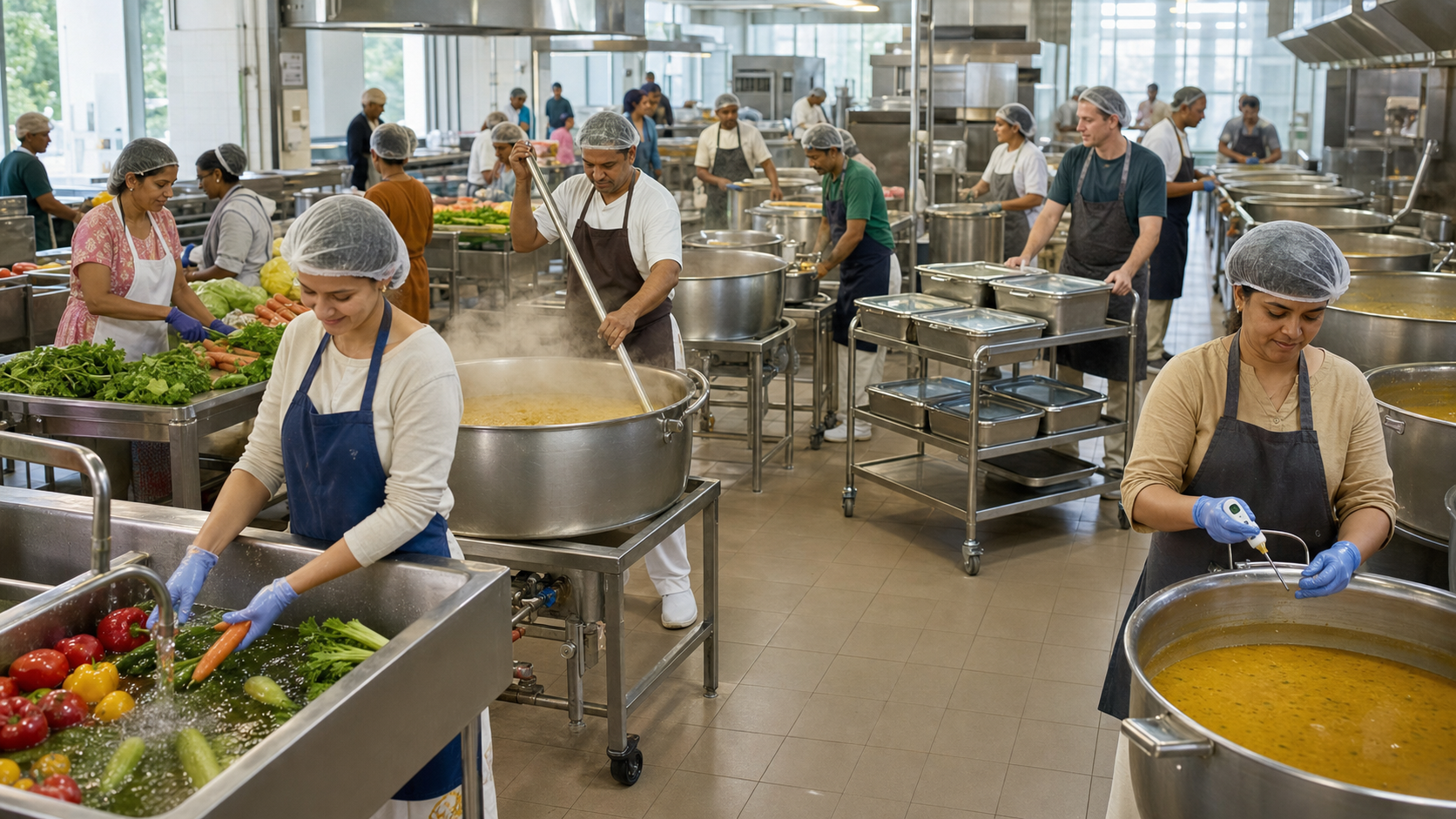 Hair-covered volunteers prepare vegetables and monitor large covered kettles in a clean, organized temple kitchen built for festival-scale service.
