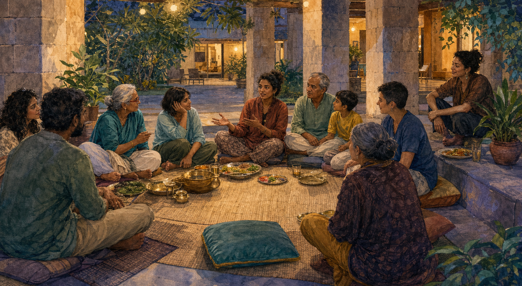 A diverse group listens to one person in an open circle, while another participant sits comfortably at the edge with food nearby.
