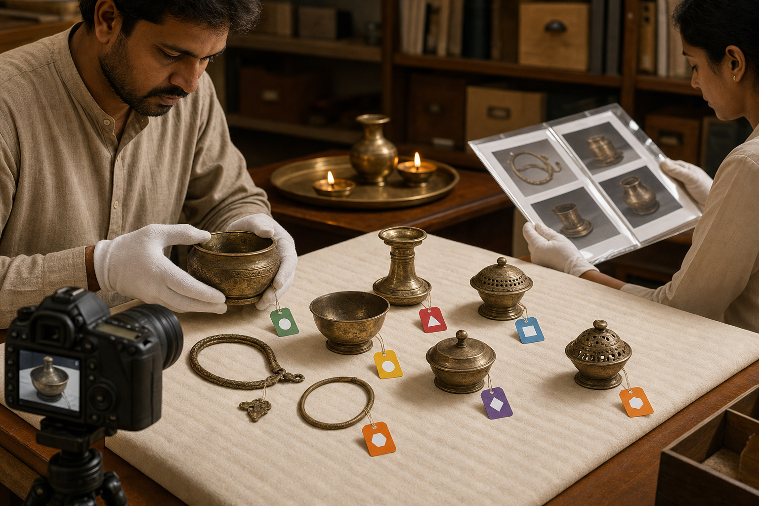 A conservator documents ceremonial metal vessels marked with removable color-and-shape identity tags beside archival photographs.