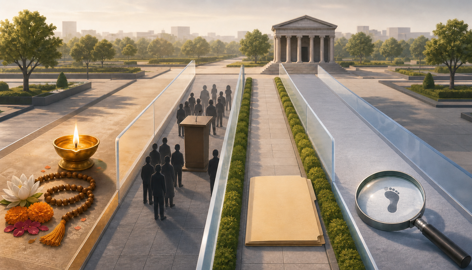 Four separated visual lanes contain religious objects, a public podium, a civic building, and a magnified footprint.