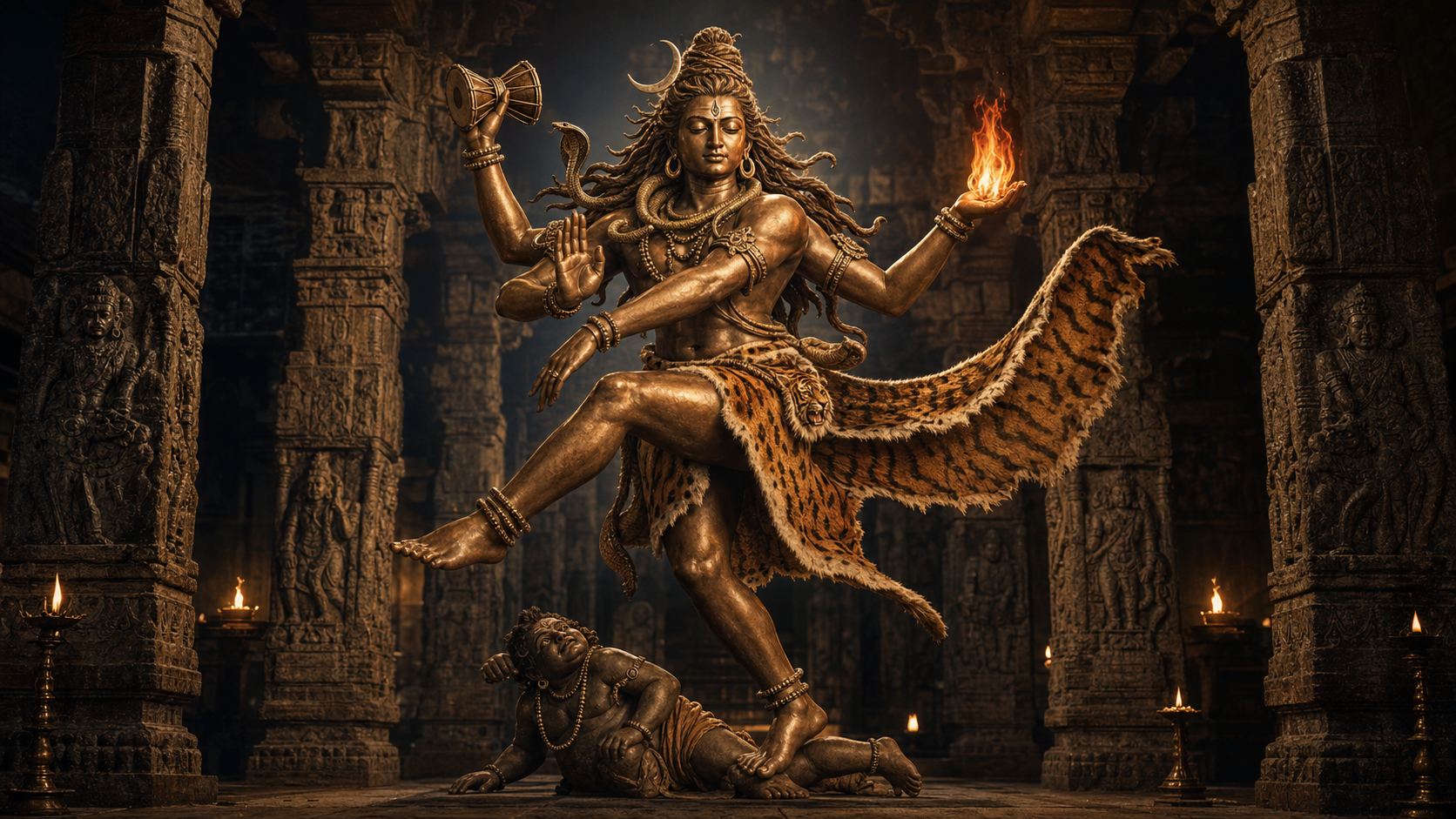 Shiva dances in a lamp-lit temple hall wearing a tiger hide, holding a drum and flame, adorned with serpents, and standing over a small dwarf figure.