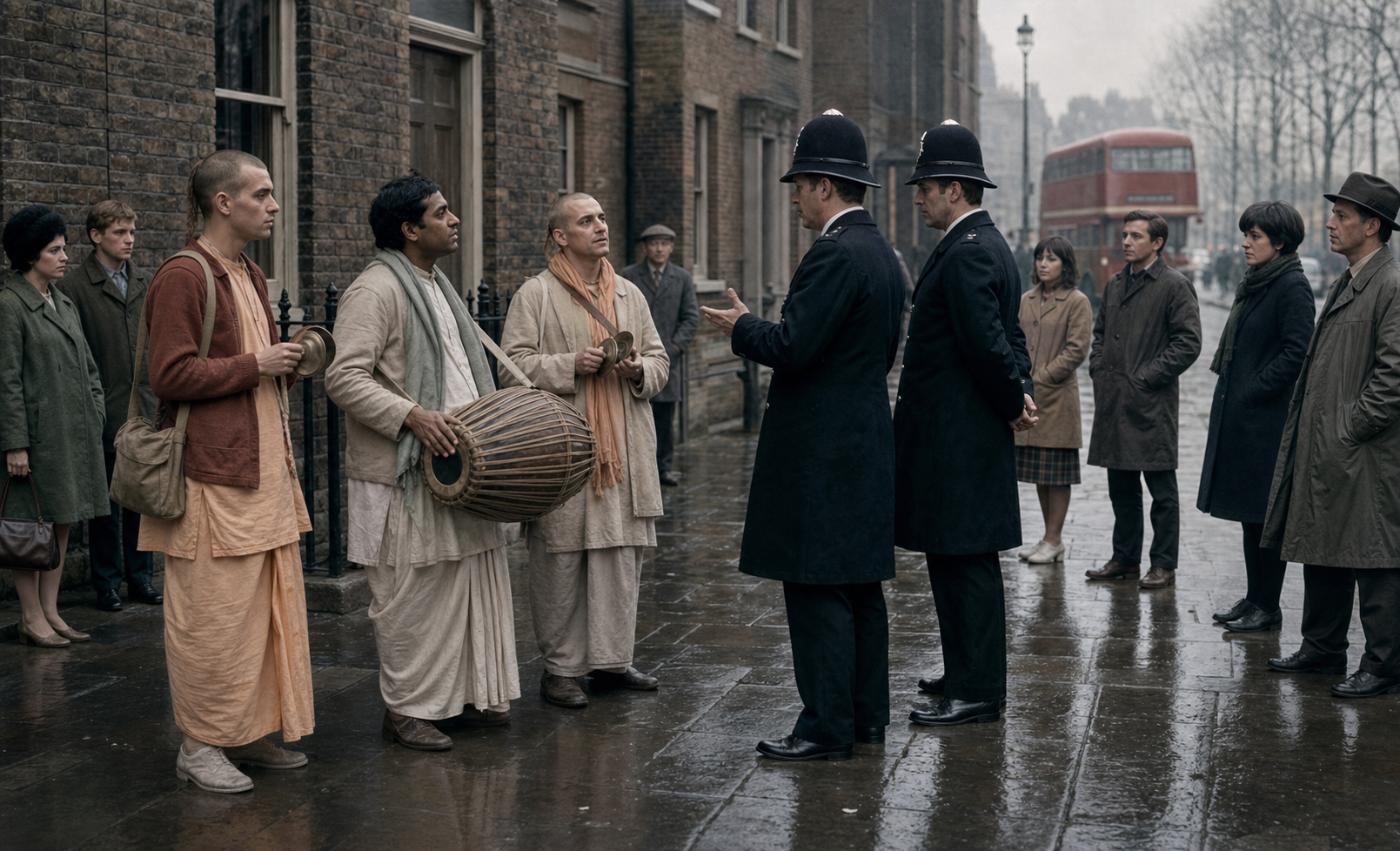 Police officers speak with devotional musicians on a wet London pavement while a small crowd observes.