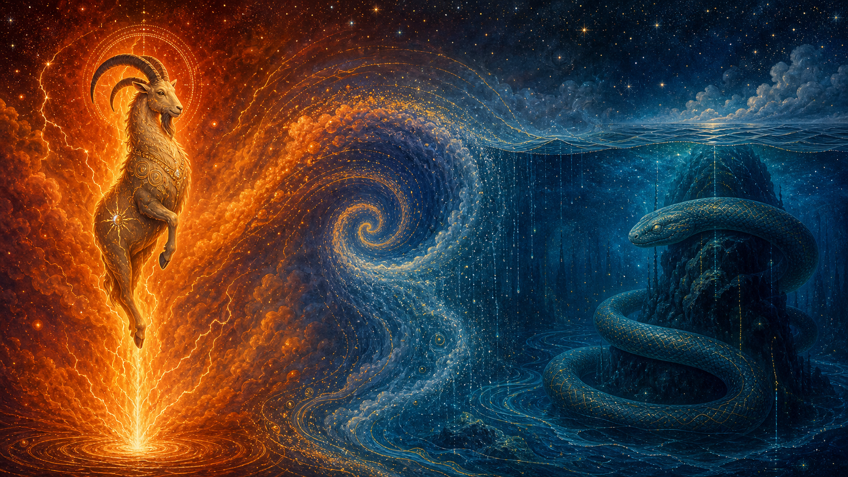 A one-footed goat-like celestial figure amid flames transitions through rain into a calm serpent coiled in a deep blue cosmic ocean.