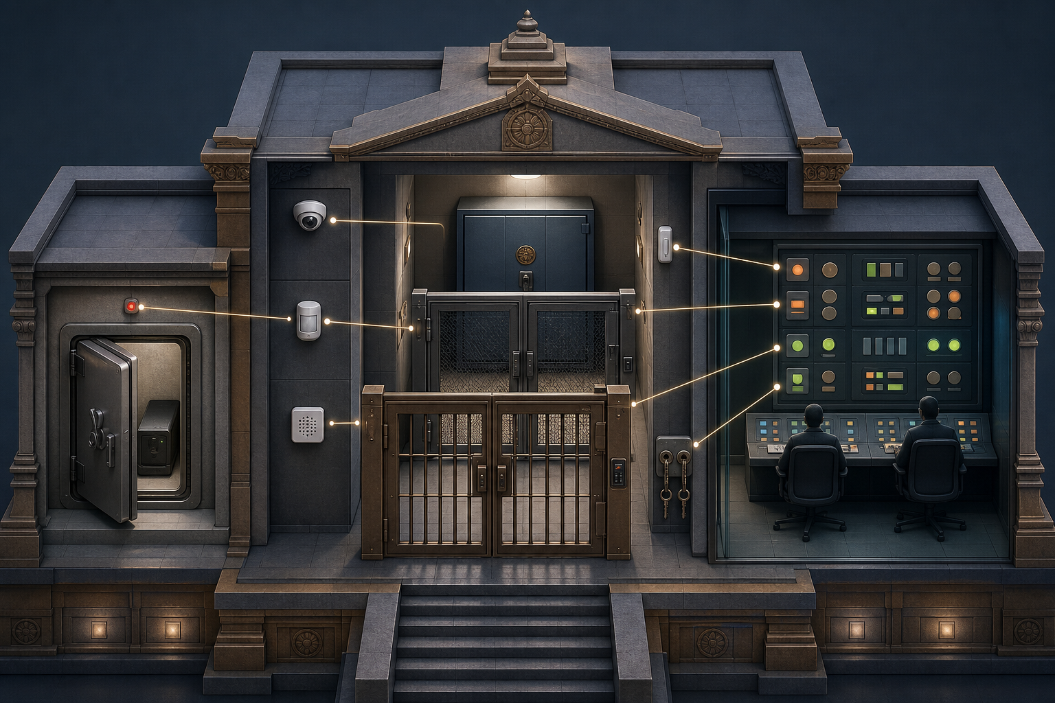 A secure heritage repository links cameras, sensors, dual-access gates, sealed storage, and separate digital monitoring controls.