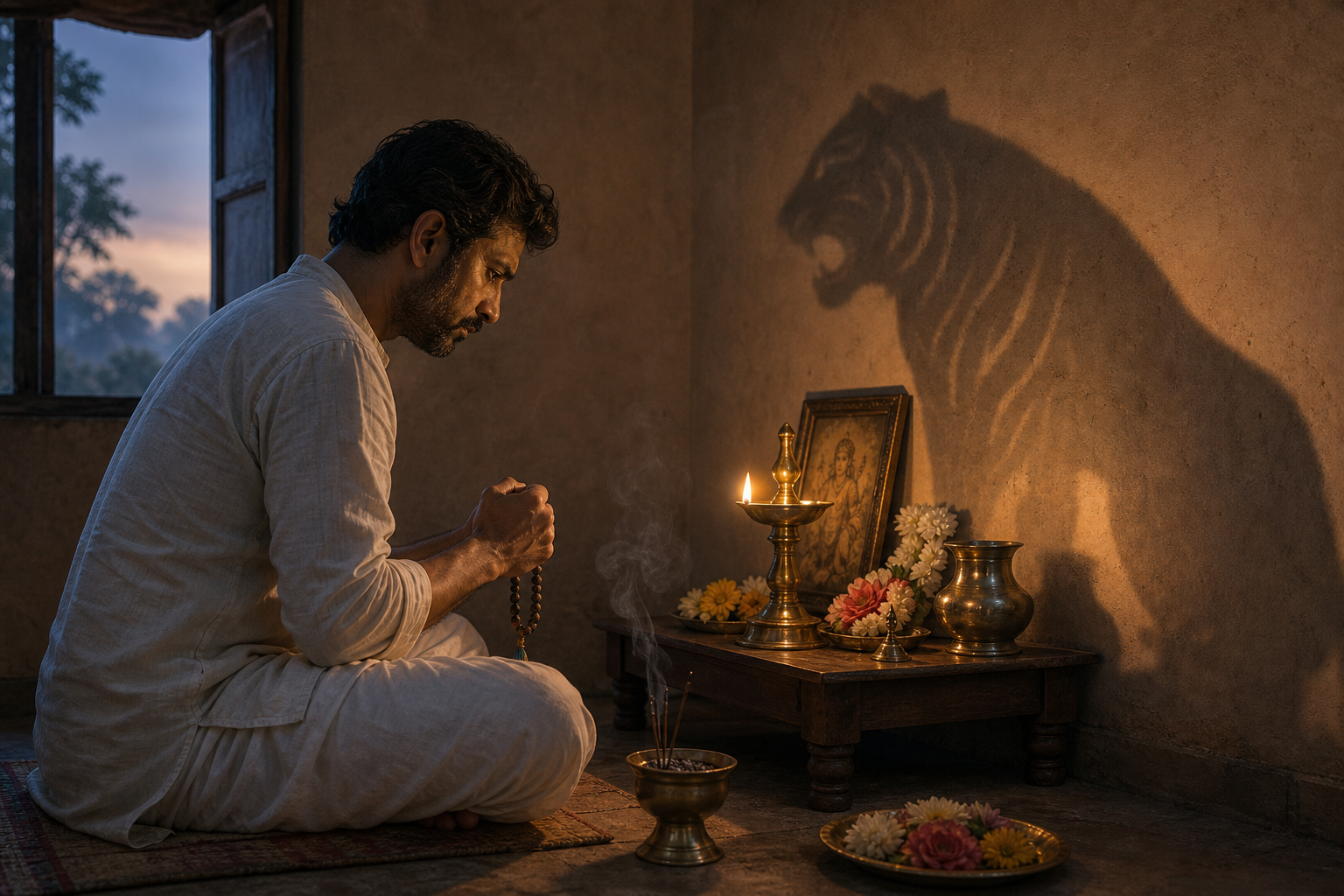A tense devotee sits before a home shrine while an oil lamp casts a large tiger-shaped shadow on the wall behind them.