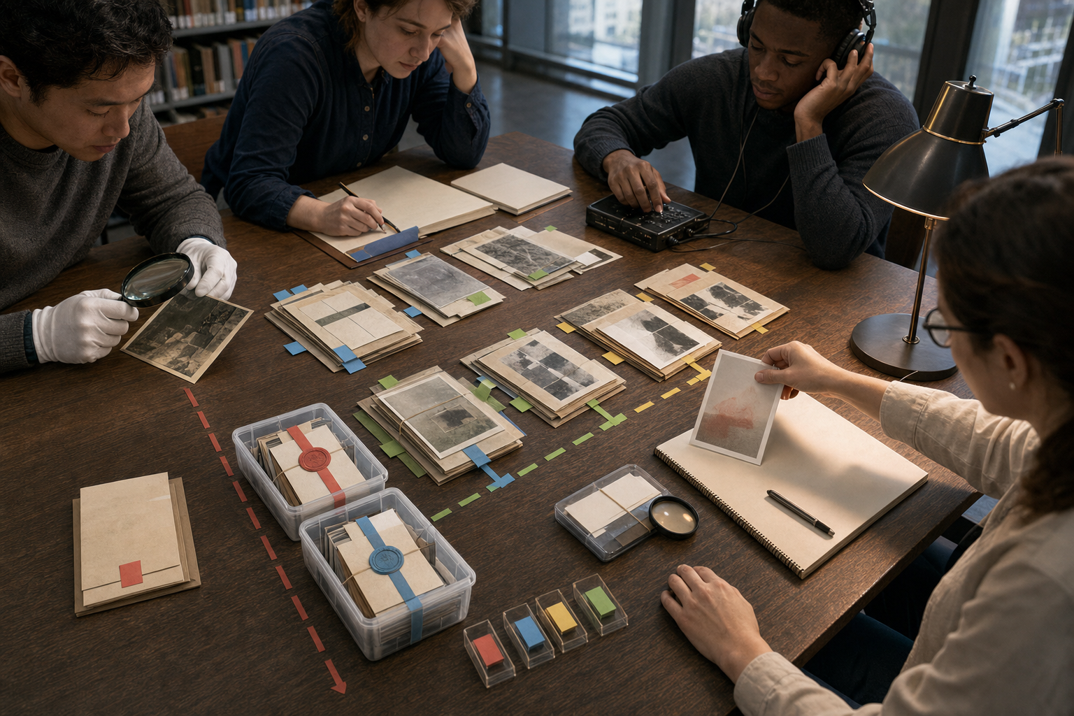 A research team checks separate source packets, photographs, and audio material around a library table before placing items in a verified stack.