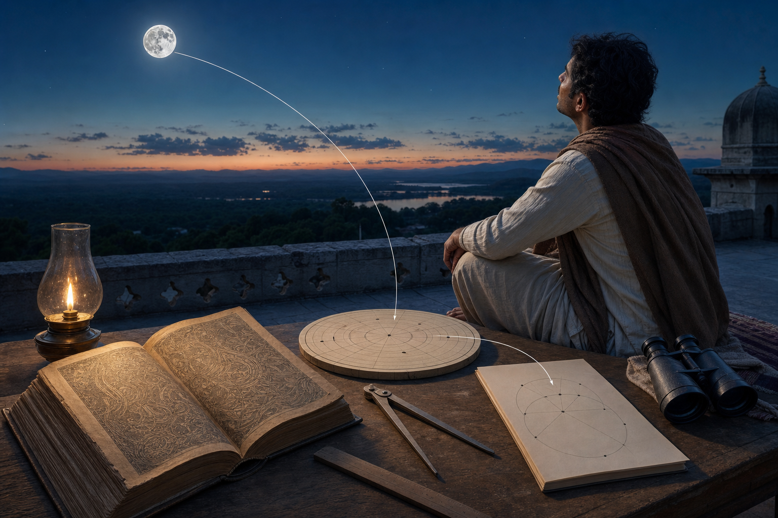 An observer studies the Moon from a terrace beside binoculars, an open panchanga, measuring tools, and a notebook with simple geometric marks.