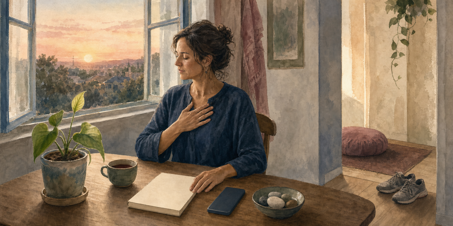 An adult practices a quiet morning pause at a table with tea, smooth stones, a blank notebook, a plant, and a phone placed face down.
