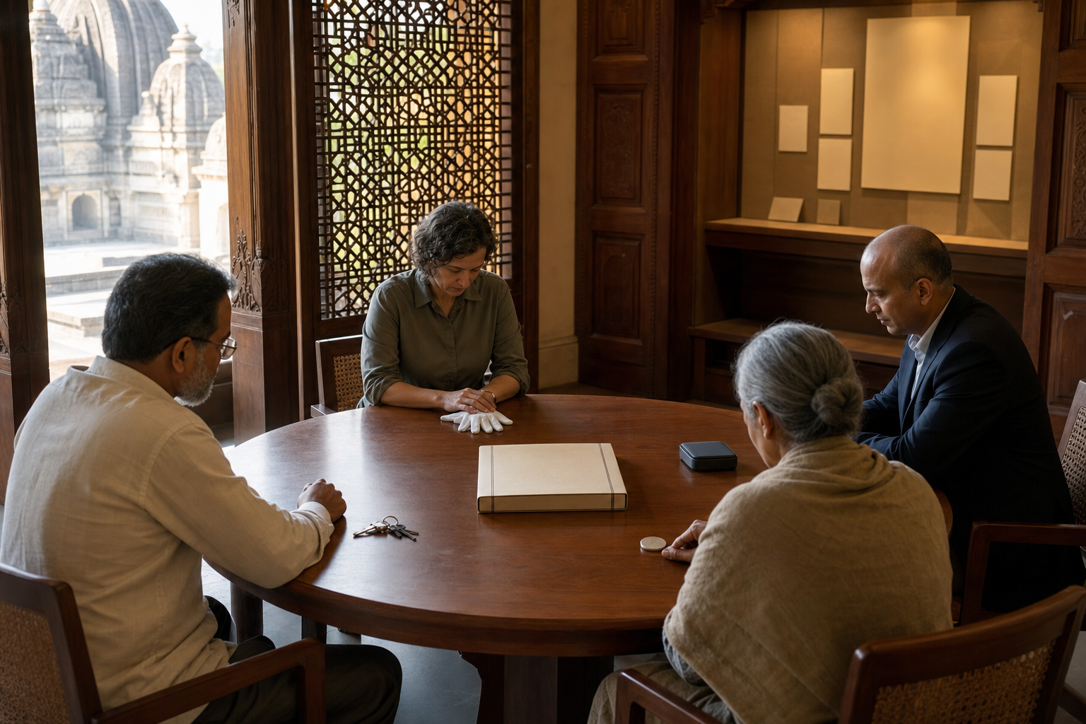 A temple custodian, conservator, auditor, and independent observer share separate keys and records around a governance table.