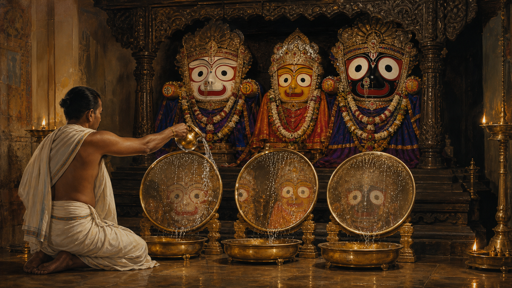Editorial illustration of a temple sevaka offering a ritual bath through polished brass mirrors placed before Jagannath, Balabhadra, and Subhadra.